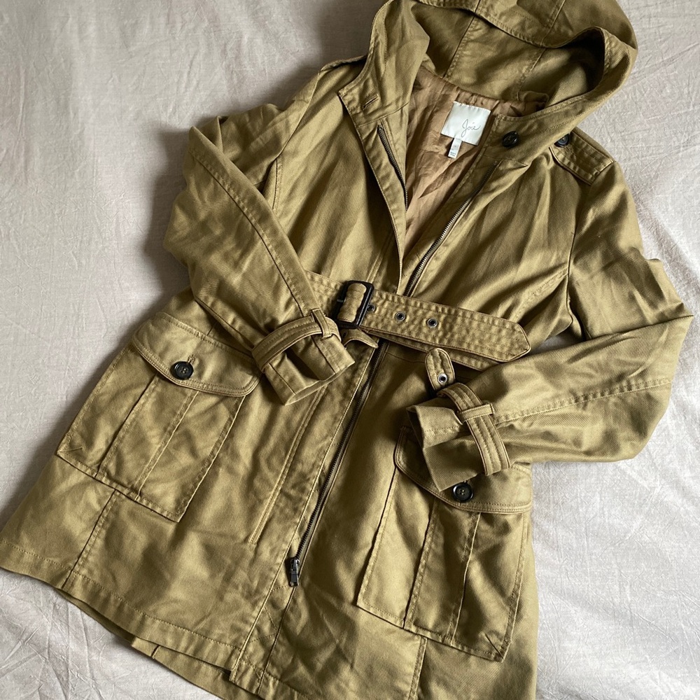 Joie Tan Utility Jacket Trench Coat with Quilted Lining and Hood Size S